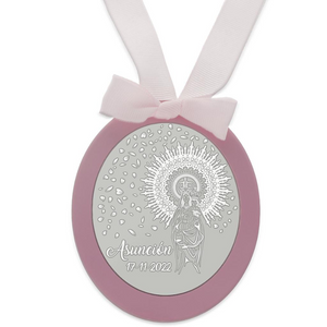 
                  
                    Cargar imagen en el visor de la galería, Medalla de Cuna Plata de Ley Ovalada Virgen del Pilar rosa
                  
                