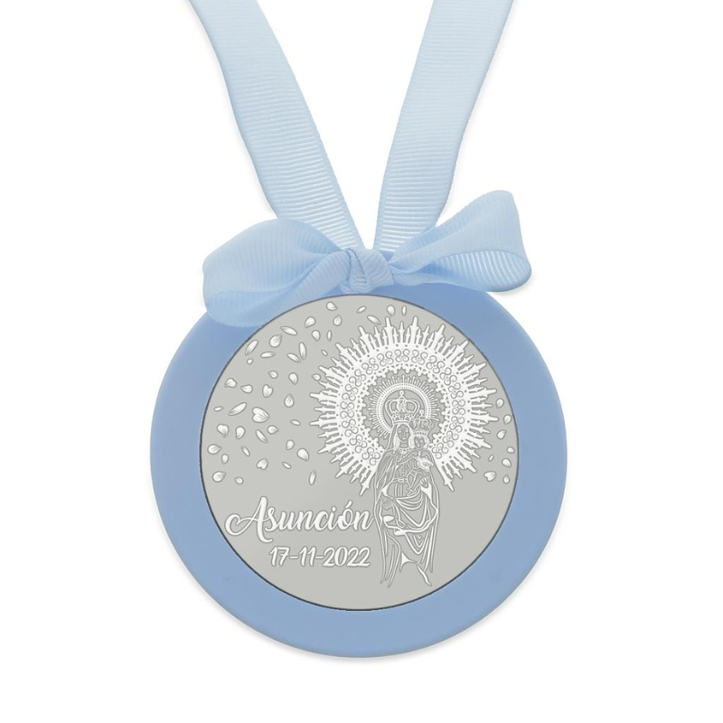 
                  
                    Cargar imagen en el visor de la galería, Medalla de Cuna Plata de Ley Redonda Virgen del Pilar (Personalizable) azul
                  
                
