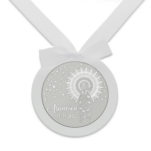 
                  
                    Cargar imagen en el visor de la galería, Medalla de Cuna Plata de Ley Redonda Virgen del Pilar (Personalizable) blanco
                  
                
