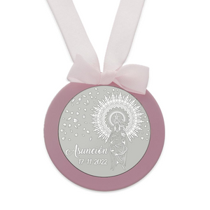 
                  
                    Cargar imagen en el visor de la galería, Medalla de Cuna Plata de Ley Redonda Virgen del Pilar (Personalizable) rosa
                  
                