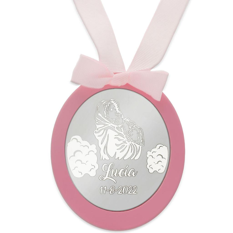 
                  
                    Cargar imagen en el visor de la galería, Medalla de Cuna Personalizada Plata de Ley Ovalada Virgen + Niño (Personalizable)
                  
                